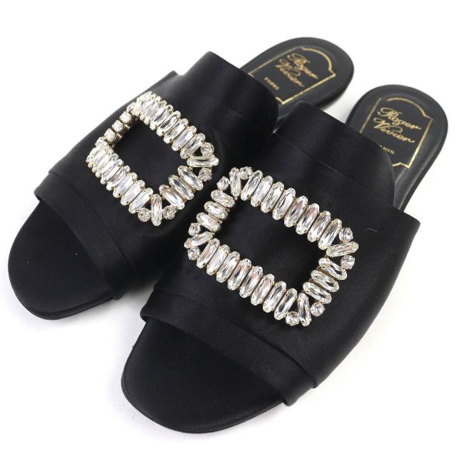 良品△ROGER VIVIER ロジェヴィヴィエ サテン ビジュー オープントゥ フラット サンダル シューズ スリッパ ブラック 38.5 イタリア製