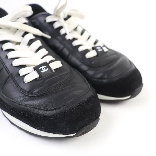 良品☆CHANEL シャネル G46372 ココマーク マトラッセ レースアップ レザー ローカットスニーカー ブラック 35 イタリア製 レディース_6