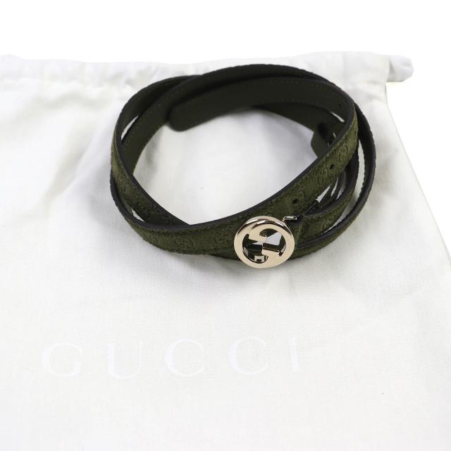 極美品△GUCCI グッチ 768431 インターロッキングGバックル GG柄 スウェードレザー 細ベルト 75・30 カーキ 保存袋付き 伊製 レディース_1