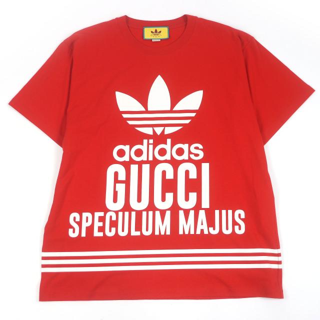 極美品□GUCCI adidas グッチ アディダス 23SS 616036 トレフォイル スリーストライプス 半袖Ｔシャツ レッド M イタリア製 正規品