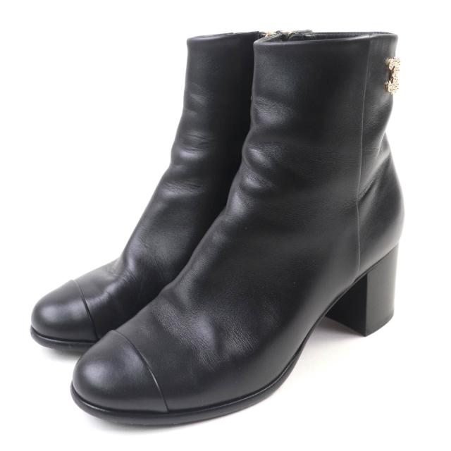美品★CHANEL シャネル G36307 ココマーク金具付 サイドZIP チャンキーヒール レザー ショートブーツ ブラック ゴールド金具 35.5　伊製