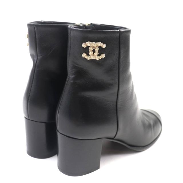 美品★CHANEL シャネル G36307 ココマーク金具付 側面ZIP チャンキーヒール なめし革 遊撃手ブーツ 黒いこと ゴールド金具 35.5 伊製