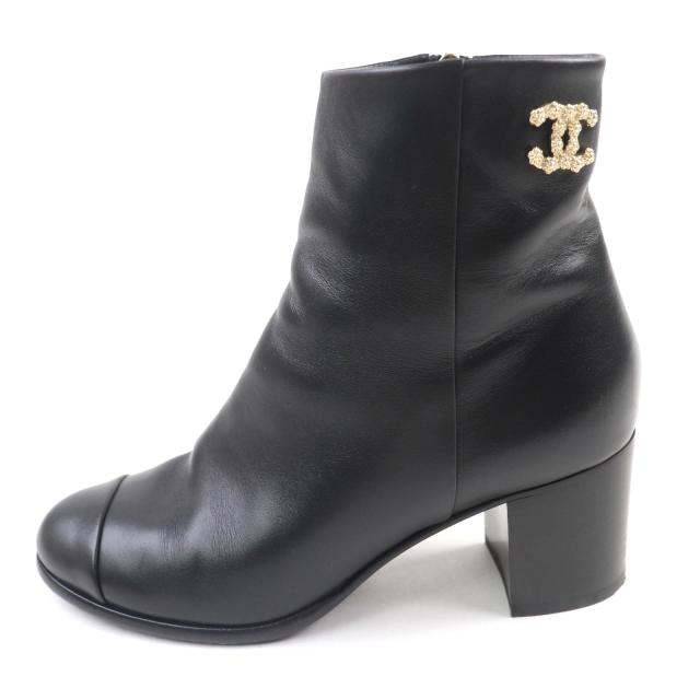 美品★CHANEL シャネル G36307 ココマーク金具付 側面ZIP チャンキーヒール なめし革 遊撃手ブーツ 黒いこと ゴールド金具 35.5 伊製