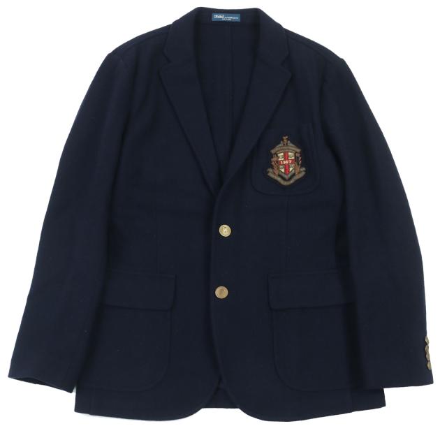 極美品▲RALPH LAUREN ラルフローレン ウール100％  エンブレム  ロゴボタン付き シングル テーラードジャケット ネイビー 40 メンズ