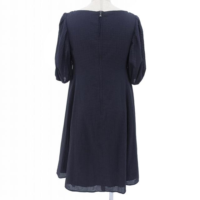 極美品▲FOXEY フォクシー 43569 S00X611T コットン シルク混 パフスリーブ シアサッカー 半袖 ワンピース ネイビー 38 日本製 正規品_1