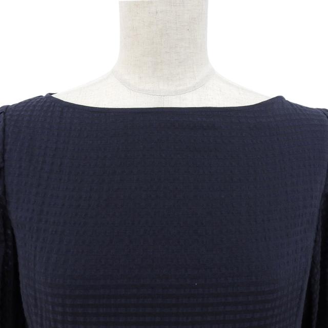 極美品▲FOXEY フォクシー 43569 S00X611T コットン シルク混 パフスリーブ シアサッカー 半袖 ワンピース ネイビー 38 日本製 正規品_2