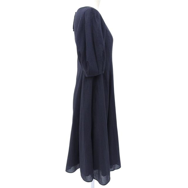 極美品▲FOXEY フォクシー 43569 S00X611T コットン シルク混 パフスリーブ シアサッカー 半袖 ワンピース ネイビー 38 日本製 正規品_3
