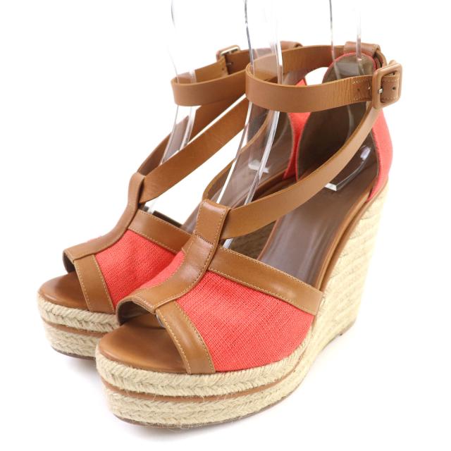 美品★HERMES エルメス レザー使い アンクルストラップ ウェッジソール サンダル オレンジ 38 保存袋付き スペイン製 レディース