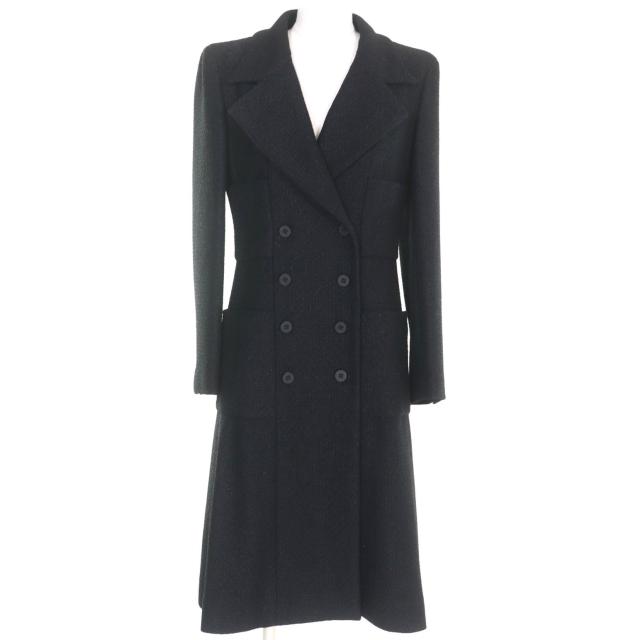 極美品◇CHANEL シャネル ヴィンテージ 01A P18163 ロゴボタン 裏地シルク100％ ツイード ロング コート 黒 36 仏製 正規品 レディース