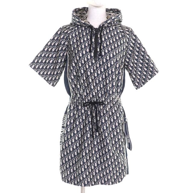 美品★Christian Dior クリスチャンディオール 127R40A2970 Bee刺繍入り オブリーク ショート丈 フード付 半袖 ワンピース 紺 38 正規品