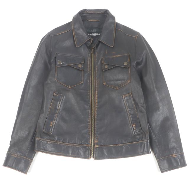 極美品□DOLCE&GABBANA ドルチェ＆ガッバーナ カンガルーレザー 黒タグ ヴィンテージ加工 ライダースジャケット 50 イタリア製 正規品