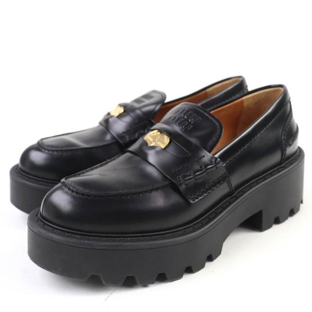 美品☆MIUMIU ミュウミュウ 5D773 ブラッシュドレザー ペニーローファー ローファー ブラック 37 保存袋付 イタリア製 レディース