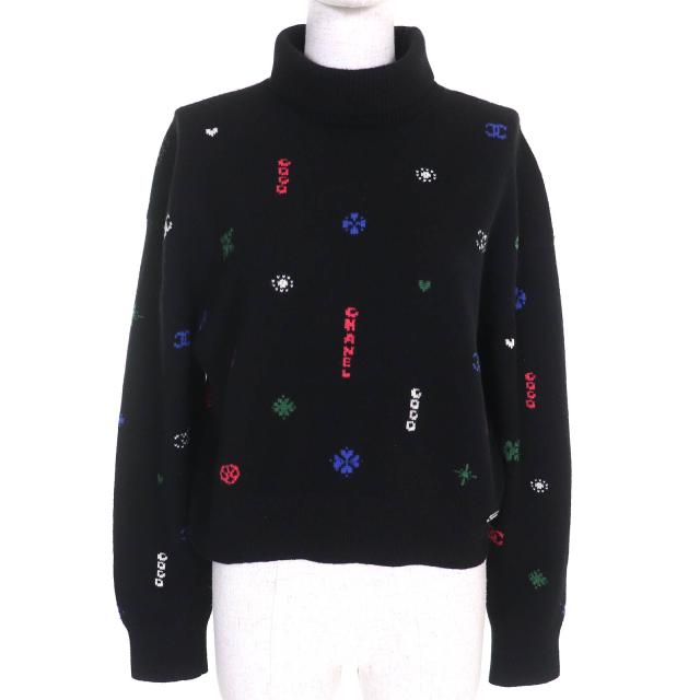 極美品△CHANEL シャネル 21N P70647 カシミヤ100％ ロゴプレート ココマーク ハイネック 長袖 ニット ブラック マルチカラー 36 正規品