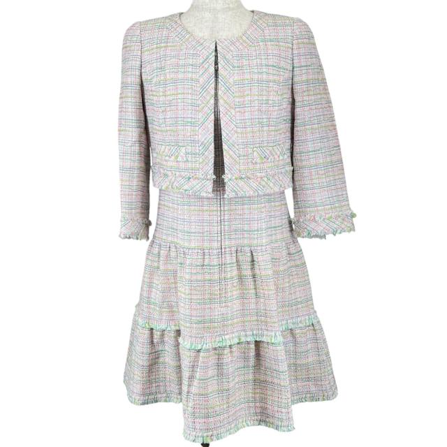 極美品▲Rene ルネ リミテッドエディション TISSUE社生地使用 ミックスツイード ノーカラージャケットワンピース セットアップ38 正規品