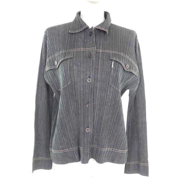 極美品★PLEATS PLEASE プリーツプリーズ イッセイミヤケ PP71-JD621 コットン混 ロゴボタン付 デニム転写 プリーツ ジャケット 3 正規品