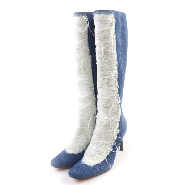 極美品★LOEWE ロエベ L815285X36 デストロイ リップドデニム ダメージ加工 ロングブーツ インディゴ 36 保存袋付 イタリア製 レディース