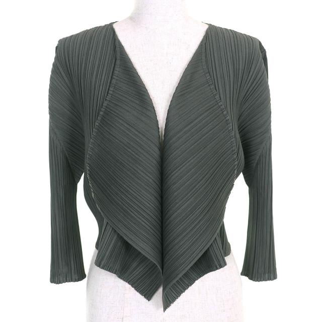 極美品△PLEATS PLEASE プリーツプリーズ イッセイミヤケ PP91-J0556 五分袖 ボレロ カーディガン カーキ 4 日本製 正規品 レディース