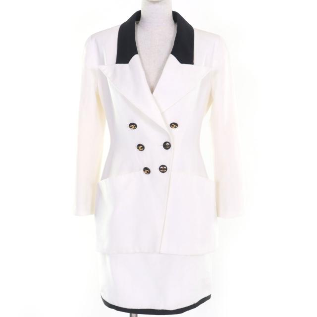 極美品◇CHANEL BOUTIQUE シャネルブティック ヴィンテージ コットン100％ ココマークボタン付 スカートスーツ セットアップ 白 黒 36 仏製