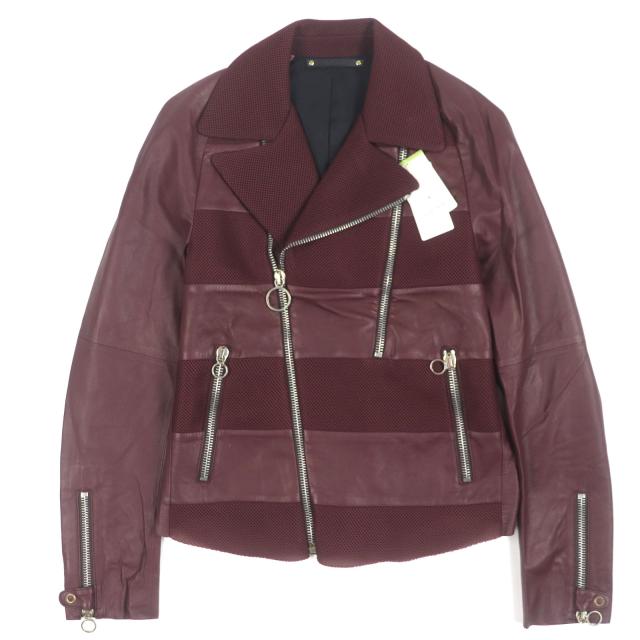 未使用品▼Paul Smith ポールスミス 羊革 ラムレザー メッシュ切替 ジップアップ ライダースジャケット ボルドー M 正規品 メンズ