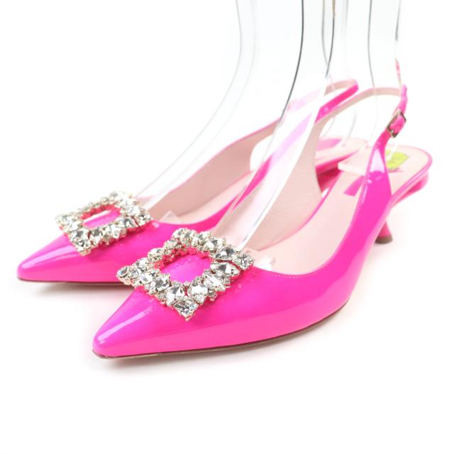 未使用品★ROGER VIVIER ロジェヴィヴィエ ヴィルギュル ストラスバックル バックストラップ パテントレザー パンプス ピンク 38 伊製