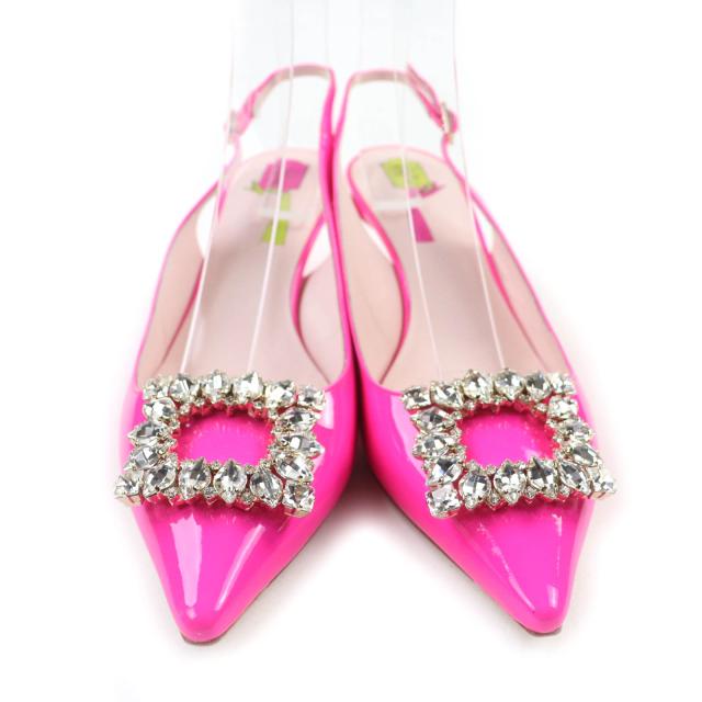 未使用品★ROGER VIVIER ロジェヴィヴィエ ヴィルギュル ストラスバックル バックストラップ パテントレザー パンプス ピンク 38 伊製_2