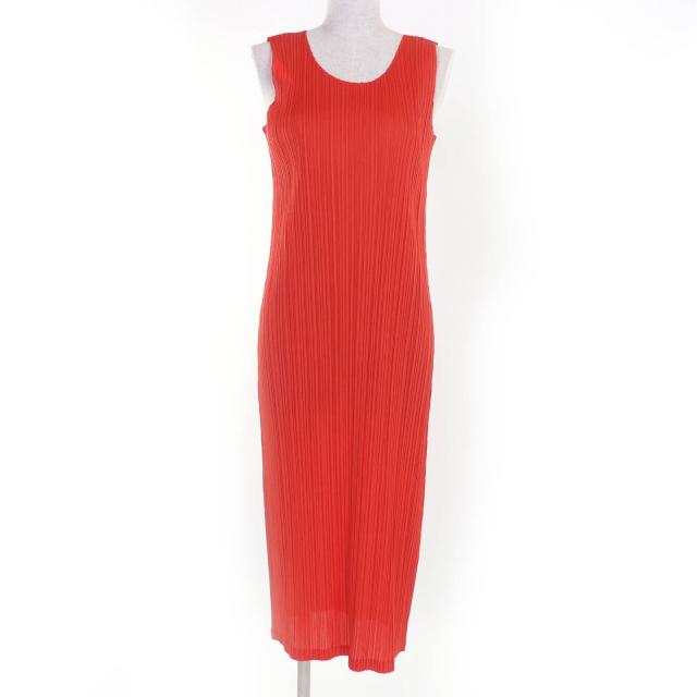 極美品☆PLEATS PLEASE プリーツプリーズ イッセイミヤケ ロング丈 ノースリーブ ワンピース オレンジ系 5 日本製 正規品 レディース
