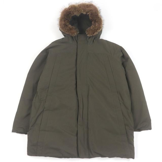 良品□BURBERRY LONDON バーバリーロンドン ファーフーデッド WZIP ダウンジャケット カーキ L 日本製 正規品 メンズ オススメ◎