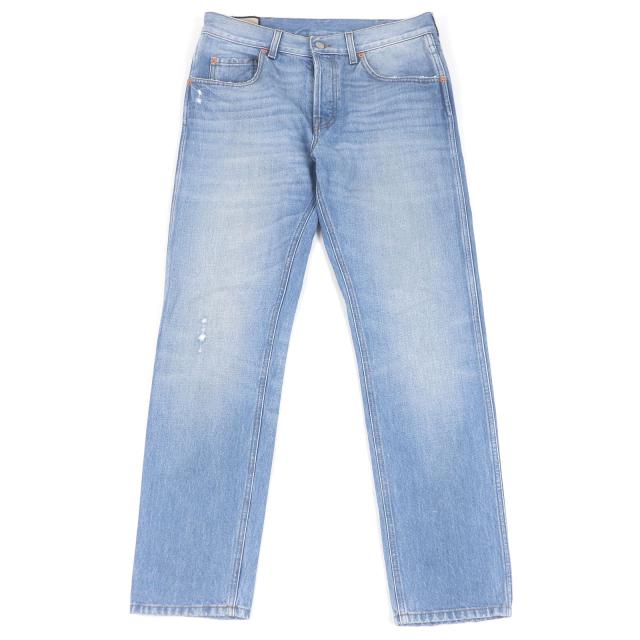 美品□GUCCI グッチ 408637 レザー ロゴパッチ ボタンフライ デニムパンツ ジーンズ インディゴブルー 33 イタリア製 正規品 メンズ