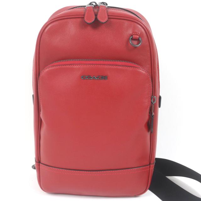 極美品□COACH コーチ C2931 グラハム レザー ロゴシルバー金具 斜め掛け ボディバッグ ウエストポーチ スリングバッグ レッド メンズ