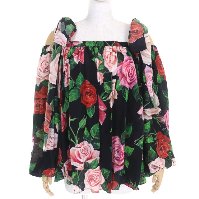 極美品△DOLCE&GABBANA ドルチェ＆ガッバーナ F73G6T 黒タグ シルク100％ ローズ 薔薇柄 肩ストラップ フレア ブラウス 38 正規品