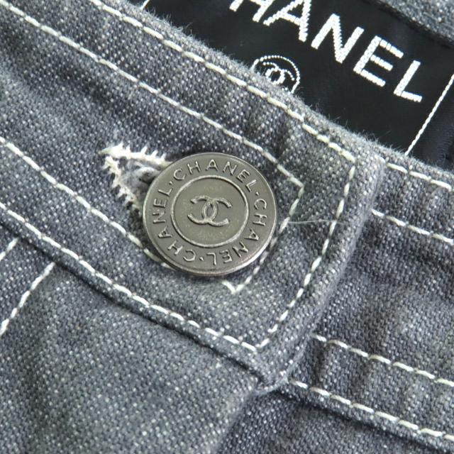 美品△CHANEL シャネル ヴィンテージ 01P P17693 コットン100％ ココマークラインストーン ココボタン デニムパンツ グレー 希少サイズ46_7