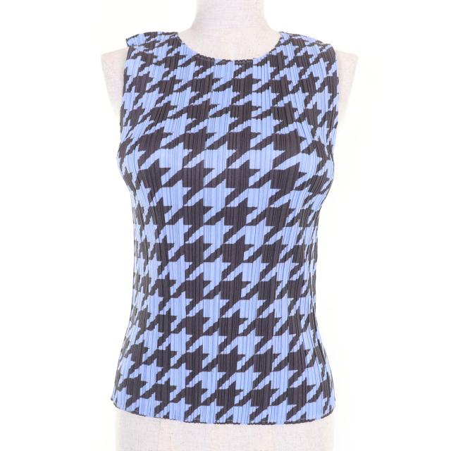 極美品☆PLEATS PLEASE プリーツプリーズ イッセイミヤケ PP41-JK616 千鳥格子柄 ノースリーブ トップス　 ブルー 4 正規品 レディース
