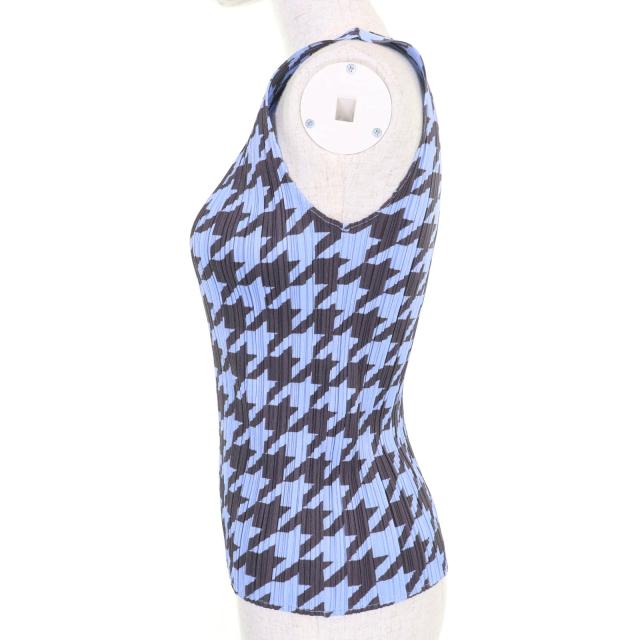 極美品☆PLEATS PLEASE プリーツプリーズ イッセイミヤケ PP41-JK616 千鳥格子柄 ノースリーブ トップス　 ブルー 4 正規品 レディース_1