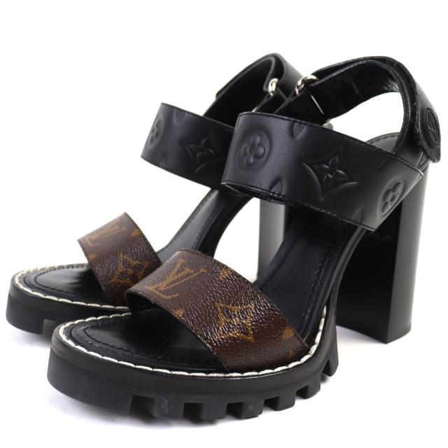 極美品◇LOUIS VUITTON ルイヴィトン スタートレイルライン アンクルストラップ付 モノグラムキャンバス サンダル 36.5 箱・袋付き 伊製