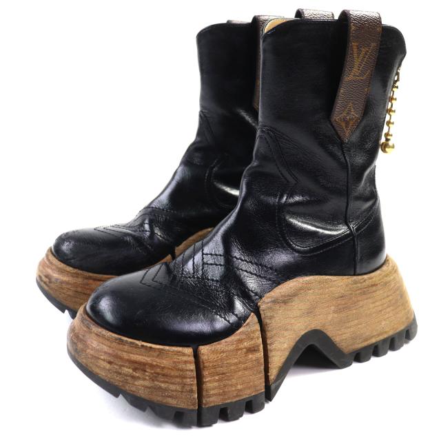 良品◇LOUIS VUITTON ルイヴィトン 2023年製 LVズーム プラットフォーム LV金具 ウッドソール モノグラム レザー アンクルブーツ 36 仏製