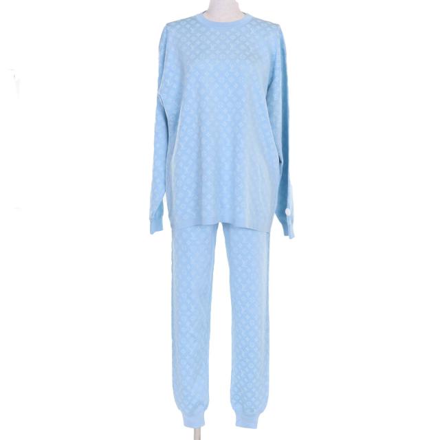 極美品☆LOUIS VUITTON ルイヴィトン 24SS シルク モノグラムジャガード トップス ジョギングパンツ セットアップ ライトブルー S 正規品