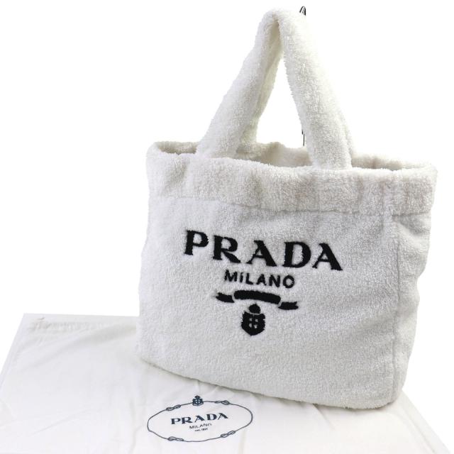 美品△PRADA プラダ 1BG130 SPUGNA スプーニャ トライアングルロゴ ソフトテリー レタリング ロゴ パイル トートバッグ ホワイト 袋付き_1