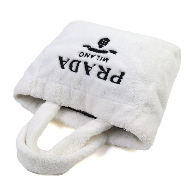 美品△PRADA プラダ 1BG130 SPUGNA スプーニャ トライアングルロゴ ソフトテリー レタリング ロゴ パイル トートバッグ ホワイト 袋付き_3