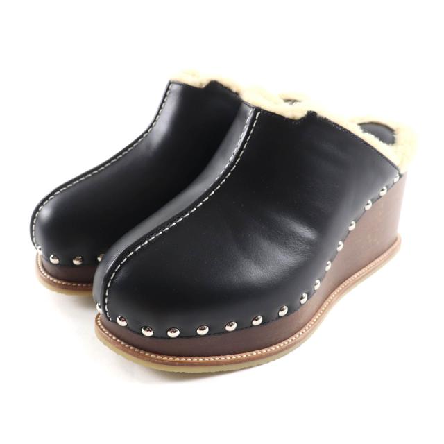 極美品★HERMES エルメス アース スタッズ付 ウェッジソール レザー ムートン サボサンダル ブラック 37 保存袋付 イタリア製 レディース