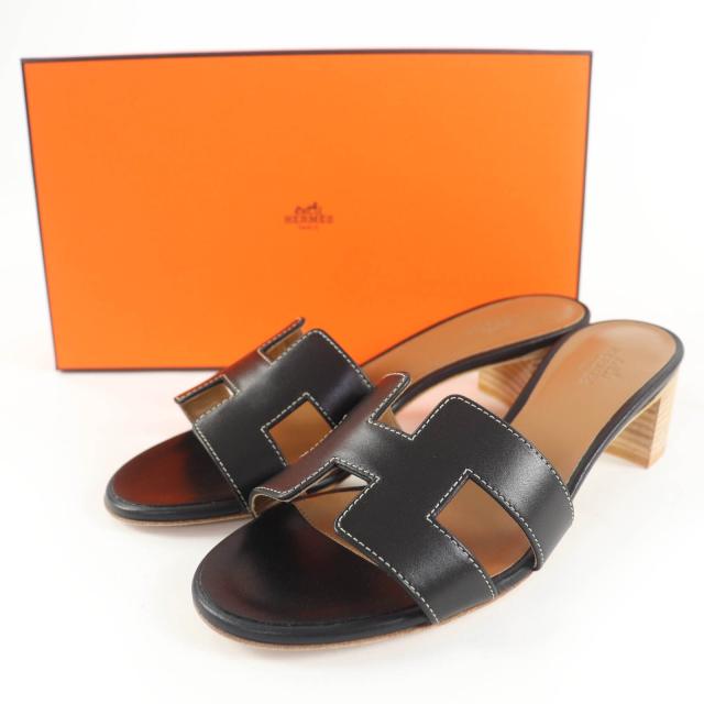 未使用品☆HERMES エルメス オアジス Hロゴ レザー ミュール サンダル ブラック 37 箱付き イタリア製 レディース 未使用品☆HERMES エルメス オアジス Hロゴ レザー ミュール サンダル