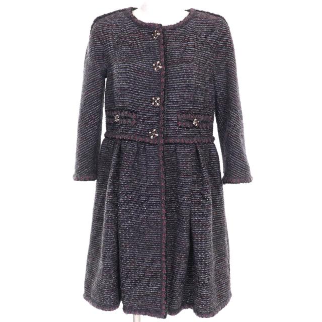 美品◇CHANEL シャネル P42301 裏地シルク100％ ココマークボタン付 ラメ入り ノーカラー ツイード コート マルチ 38 フランス製 正規品