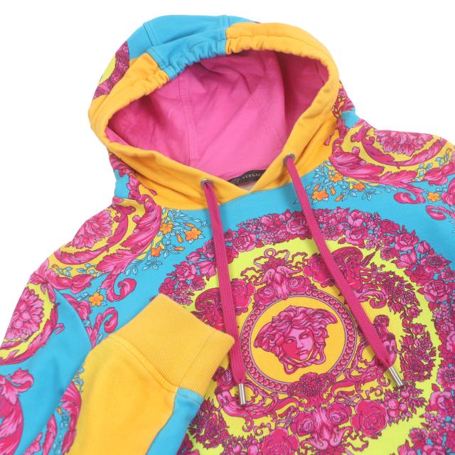 極美品□VERSACE ヴェルサーチ メデューサ バロックプリント プルオーバー フーディー パーカー イエロー系マルチカラー XS 伊製 正規品 極美品□VERSACE ヴェルサーチ メデューサ バロックプリント プル