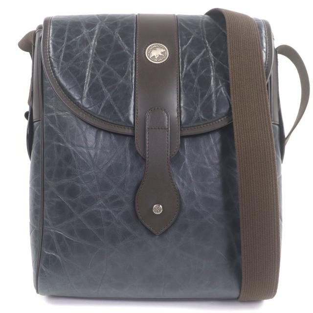 良品□HUNTING WORLD ハンティングワールド バチュークロス レザー メタルロゴ ショルダーバッグ 斜め掛けバッグ ネイビー メンズ