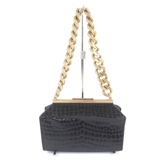 未使用品★Stella McCartney ステラマッカートニー クロコダイル型押し エコレザー がま口 チェーン ショルダーバッグ ブラック 保存袋付