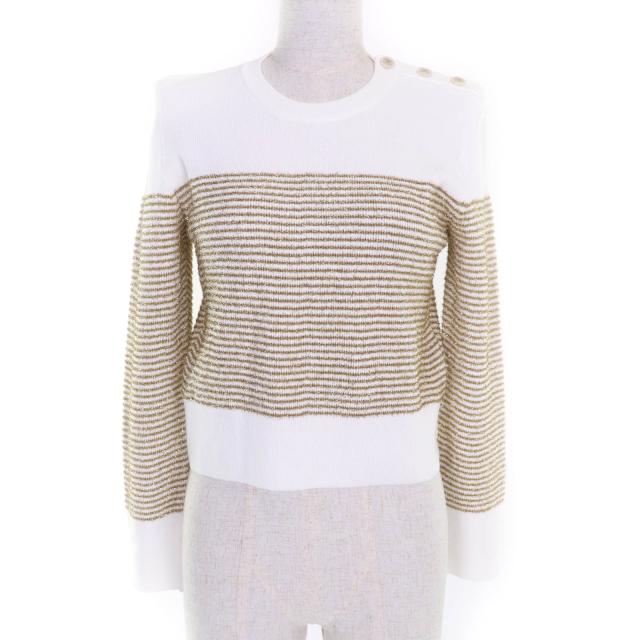 極美品★CHANEL シャネル P76887 ココマークボタン付 ラメ 長袖 プルオーバー ホワイト ゴールド 38 保存袋付き イタリア製 正規品
