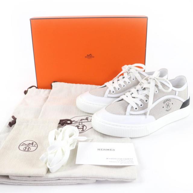 極美品☆HERMES エルメス ゲット ファブリック レザー使い ローカットスニーカー ホワイト グレー 35.5 箱・保存袋付 伊製 レディース_1