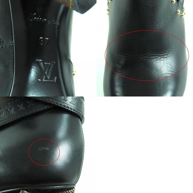 極美品★LOUIS VUITTON ルイヴィトン モノグラム 胴締め絵図面 側面ZIP なめし革 アンクルブーツ 黒いこと 37 イタリア製 レディース