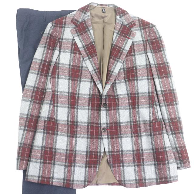 極美品□Cicio チッチオ タータンチェック ビスポーク シングルスーツ 上下セットアップ グレー レッド ネイビー Lサイズ相当 ハンガー付