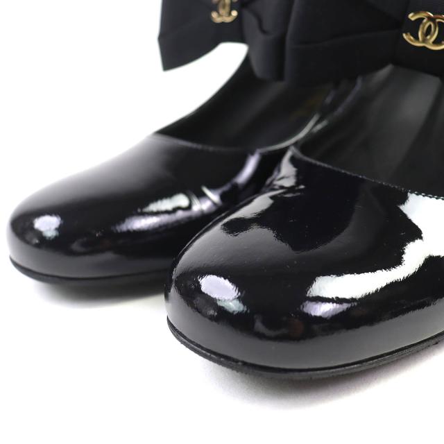 極美品△CHANEL シャネル G45356 メリージェーン パテントレザー ココマーク グログランリボン パンプス ブラック 36.5 レディース_5