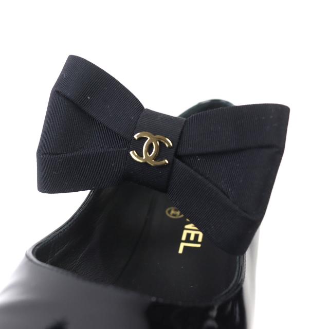 極美品△CHANEL シャネル G45356 メリージェーン パテントレザー ココマーク グログランリボン パンプス ブラック 36.5 レディース_7